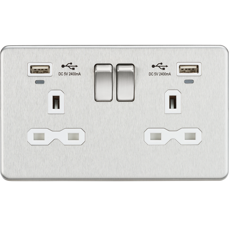 13A 2G Brushed Chrome Switched Sockets, Dual USB (2.4A) with LED Charge Indicators - White Insert