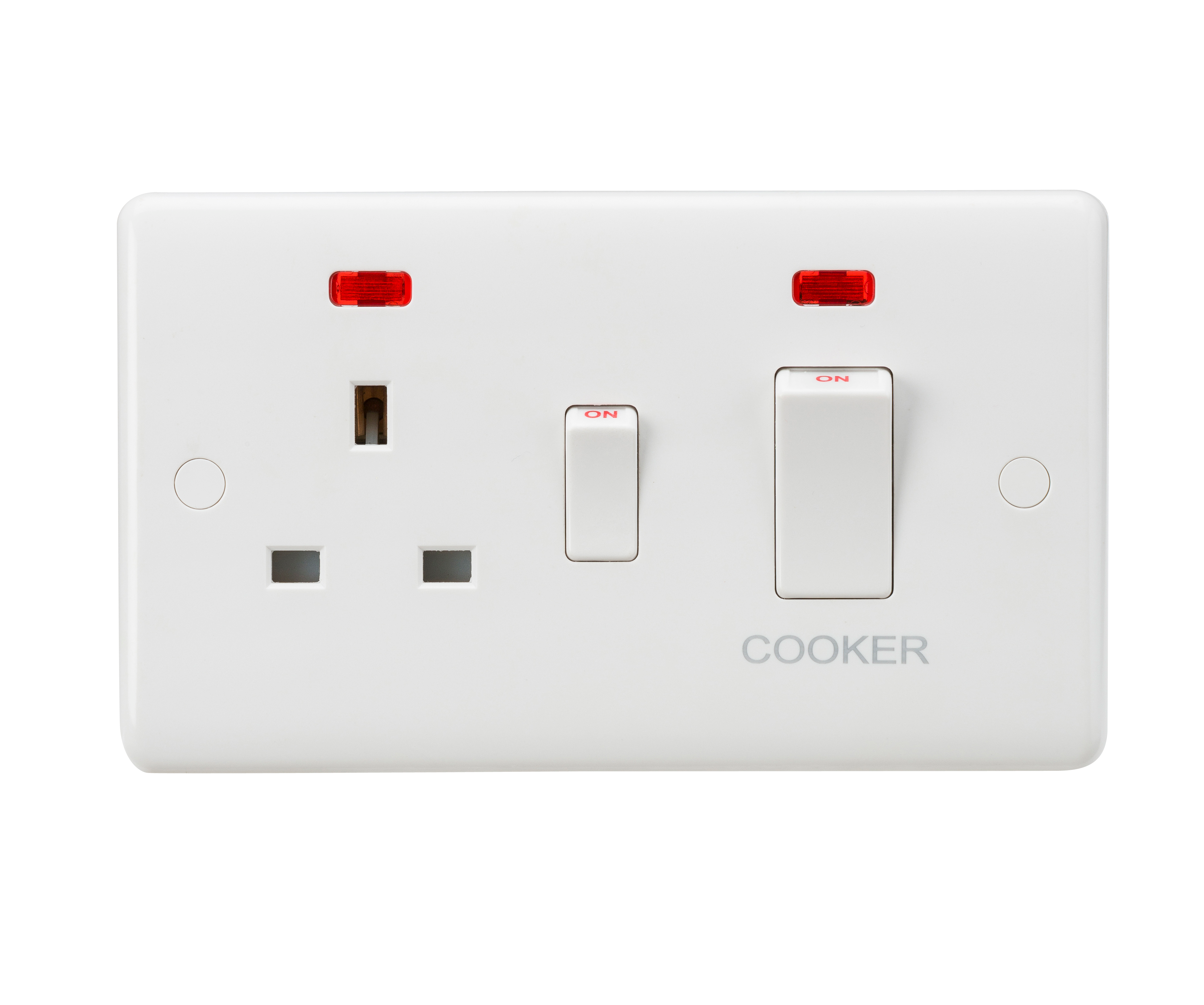 Curved Edge 45A DP Cooker Switch and 13A Socket with Neons (White Rocker)