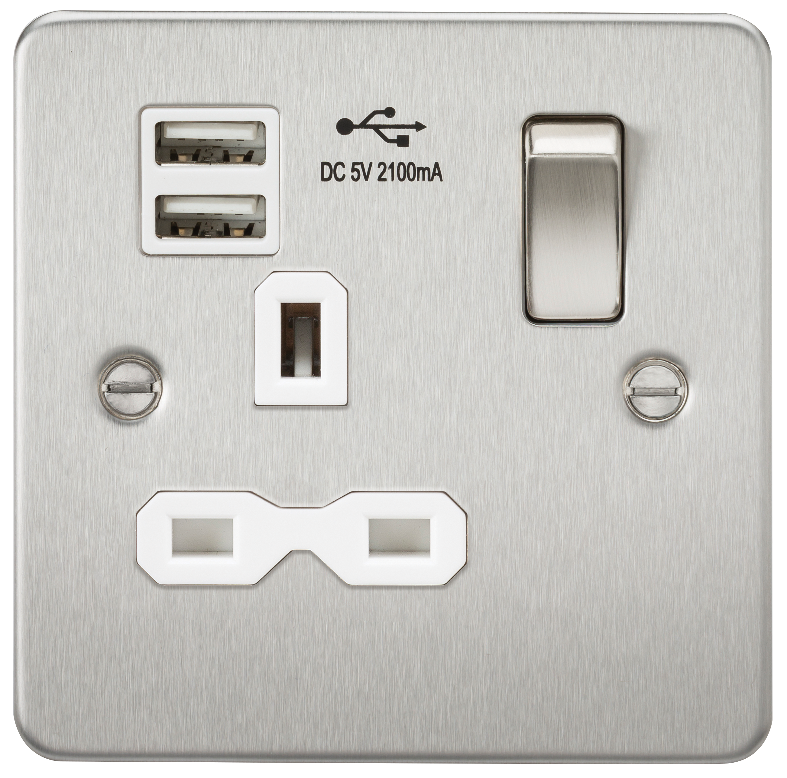 Flat plate 13A 1G switched socket with dual USB charger (2.1A) - brushed chrome with white insert