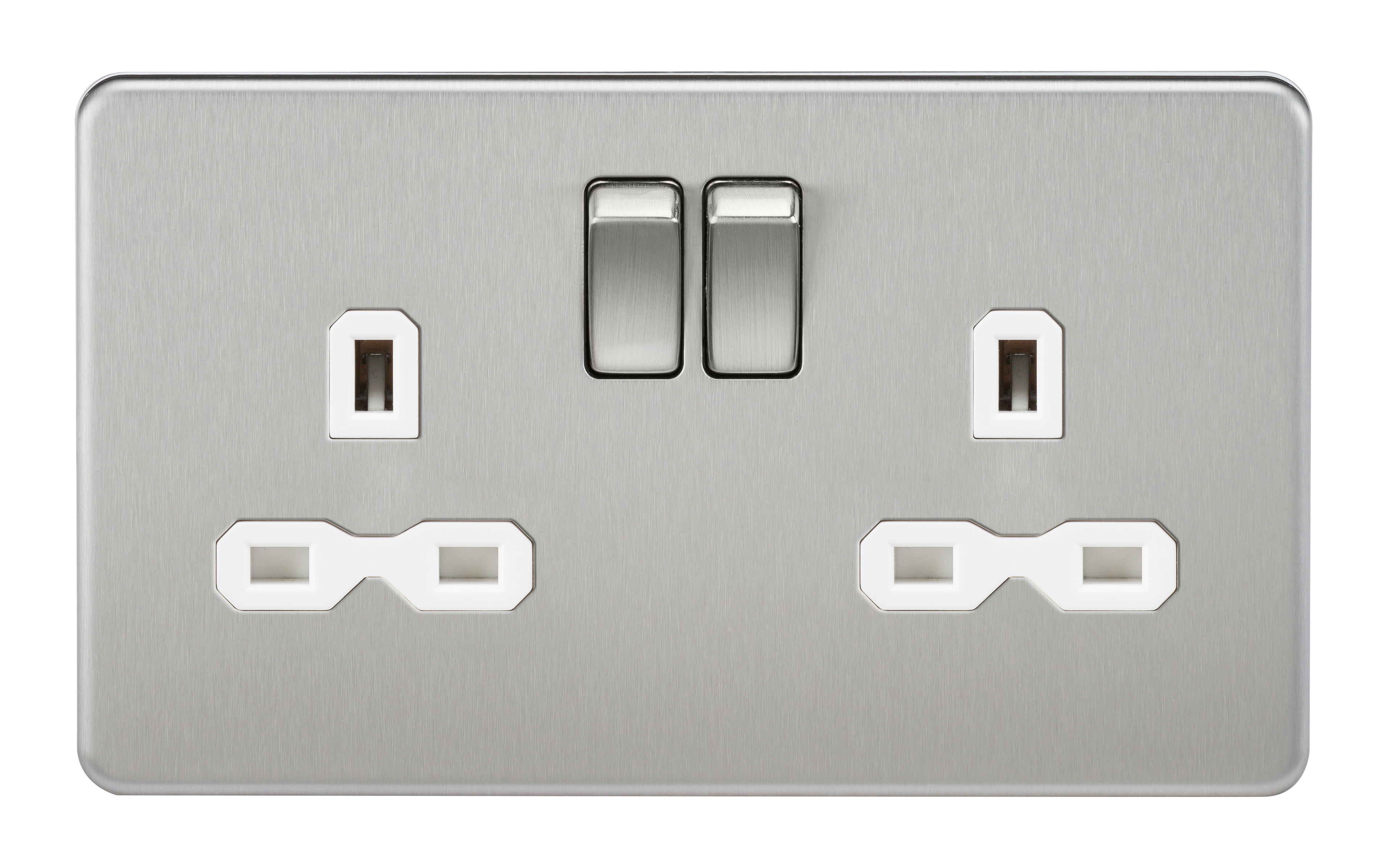2G DP 13A Screwless Brushed Chrome 230V UK 3 Pin Switched Electric Wall Socket - White Insert