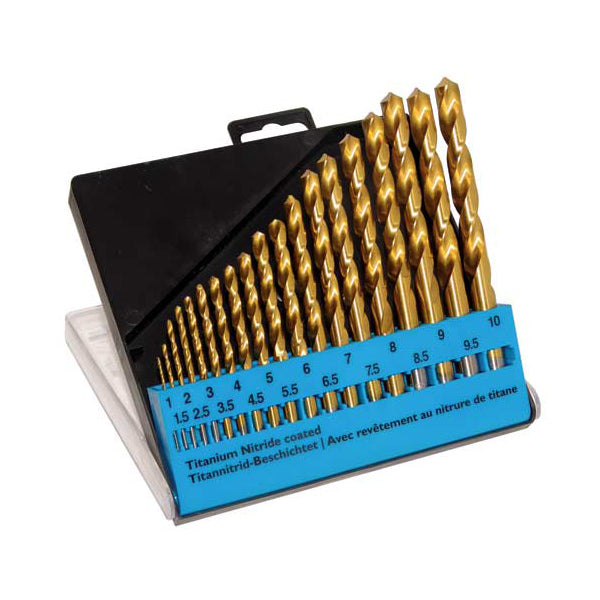 19pc Titanium Nitride Coated HSS Drill Bit Set Size 1-10mm