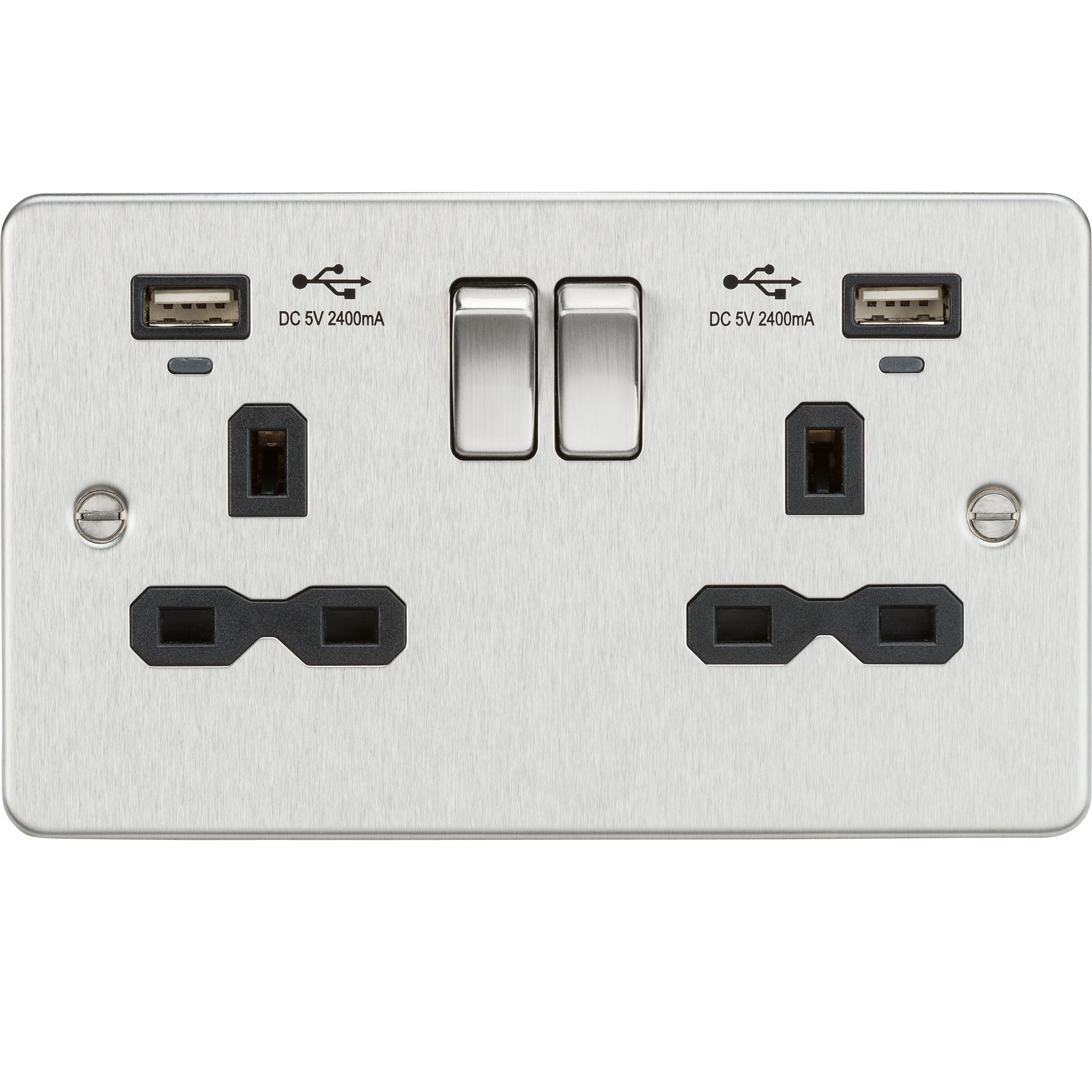 13A 2G Switched Socket, dual USB charger (2.4A) with Indicators - Brushed Chrome with black insert