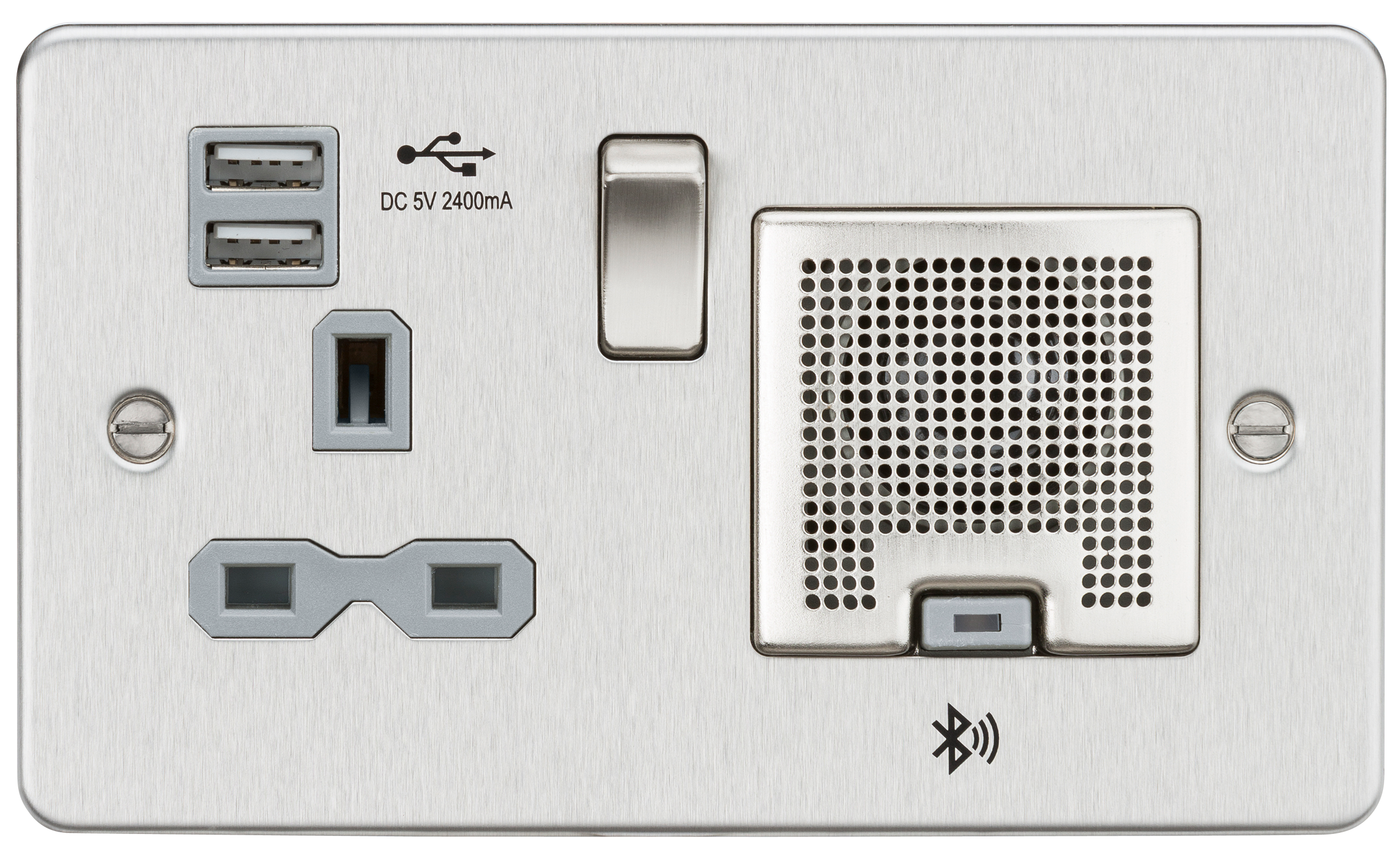 Flat Plate 13A socket, USB chargers (2.4A) and Bluetooth Speaker - Brushed chrome with grey insert