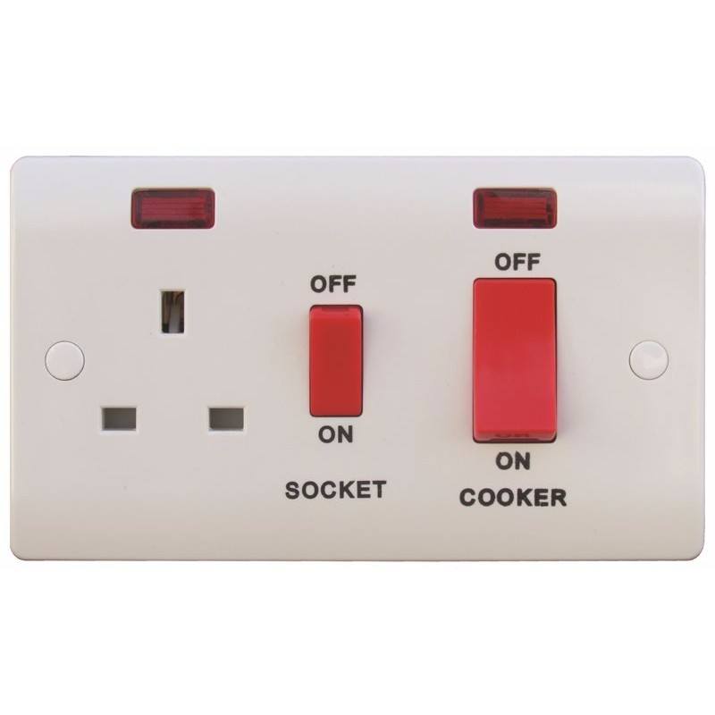 Sline 45A White 2G Double Pole 230V Electric Wall Plate Cooker Switch and 13A Socket with Neons