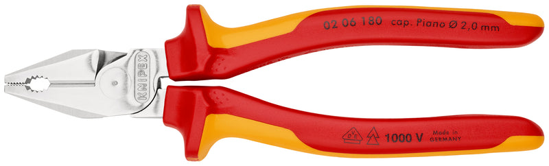 Knipex 02 06 180 High Leverage Combination Pliers insulated with multi-component grips, VDE-tested chrome-plated 180 mm