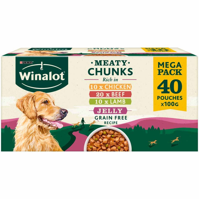 Winalot Meaty Chunks Mixed in Jelly (Beef, Chicken, Lamb) Wet Dog Food Pouches, 40 x 100g