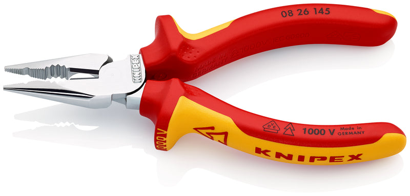 Knipex 08 26 145 Needle-Nose Combination Pliers insulated with multi-component grips, VDE-tested chrome-plated 145 mm