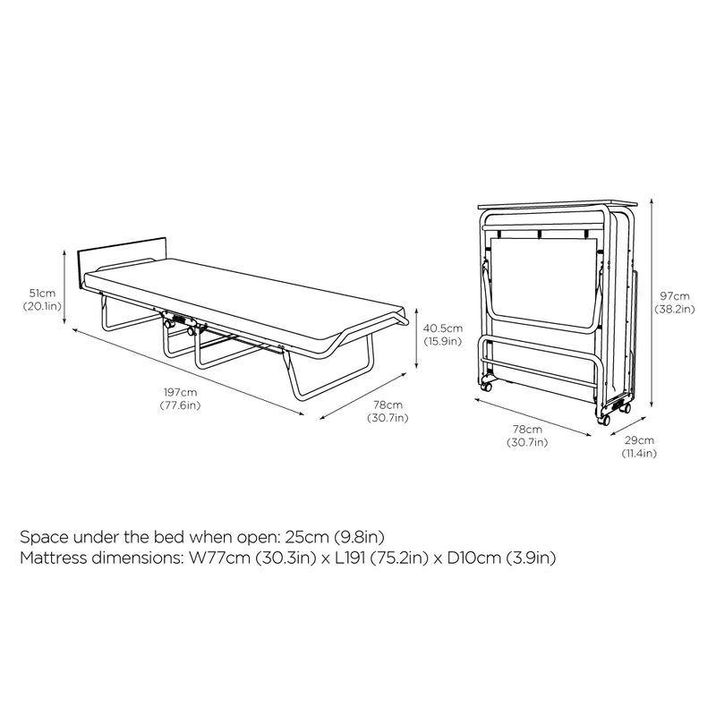 Supreme Single Folding Bed - Dimensions