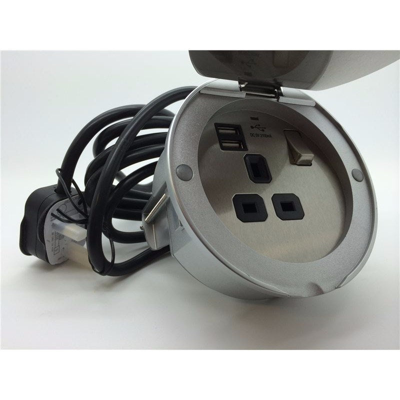 13A 1G Stainless Steel Recessed Desk Top and Floor Socket with Twin 5V USB Charger Ports