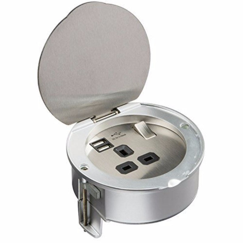 13A 1G Stainless Steel Recessed Desk Top and Floor Socket with Twin 5V USB Charger Ports