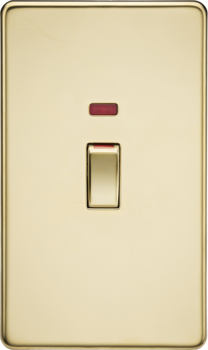 Knightsbridge 45A 2G DP switch with neon - polished brass