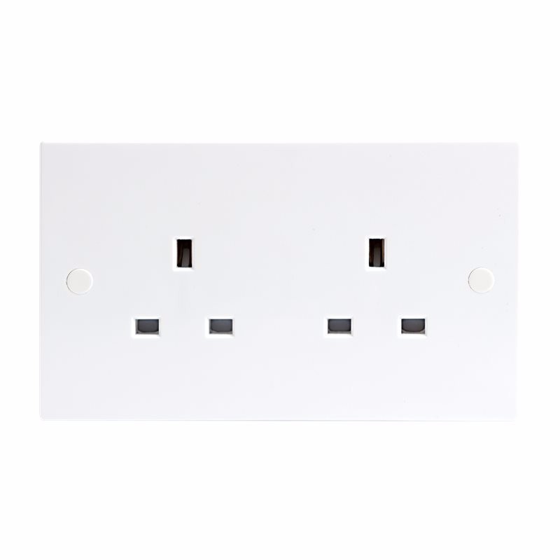 13A White 2G Twin 230V UK 3 Pin Unswitched Electric Wall Socket