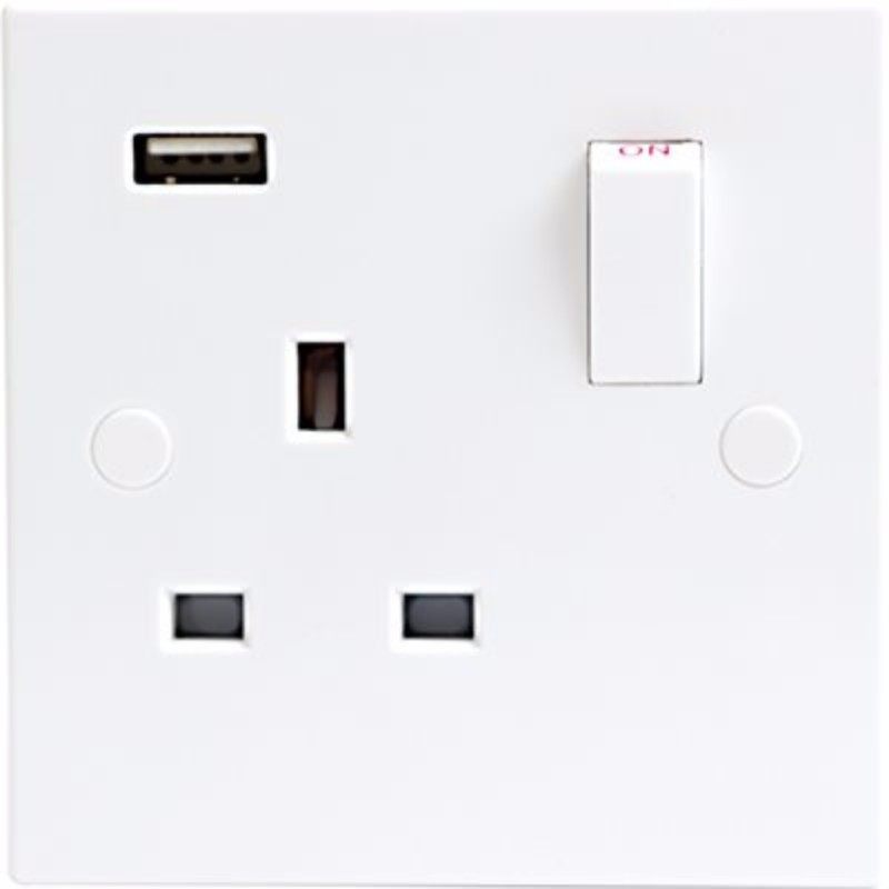 13A White 1G 230V UK 3 Switched Electric Wall Socket & USB Charger Point