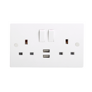 13A White 2G 230V UK 3 Switched Electric Wall Socket & 2 USB Charger Port