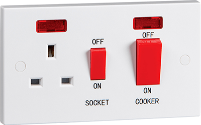 45A White 2G Double Pole 230V Electric Wall Plate Cooker Switch and 13A Socket with Neons