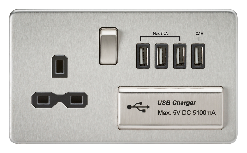 Knightsbridge Screwless 13A switched socket with quad USB charger (5.1A) - brushed chrome with black insert