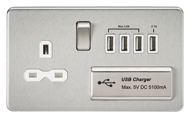 Knightsbridge Screwless 13A switched socket with quad USB charger (5.1A) - brushed chrome with white insert