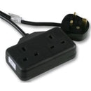 Black UK 3 Pin Plug with 2 Gang 2G Socket Extension Cord Cable Lead - 1m