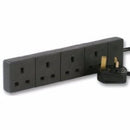 Black UK 3 Pin Plug 4 Gang Extension Lead - 2m