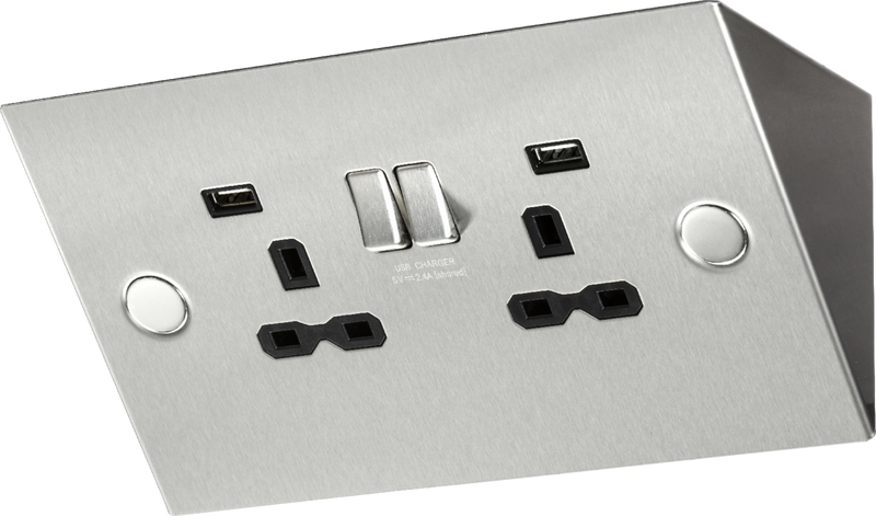 13A 2G Mounting Switched Socket with Dual USB Charger (2.4A) - Stainless Steel with black insert