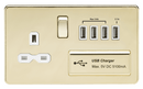 2G 13A Screwless Polished Brass 1G Switched Socket with Quad 5V USB Charger Ports - White Insert