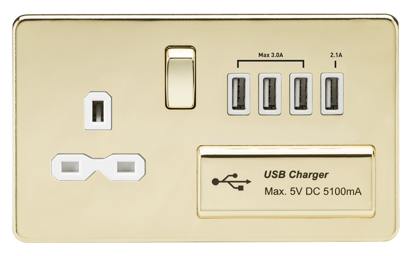 2G 13A Screwless Polished Brass 1G Switched Socket with Quad 5V USB Charger Ports - White Insert