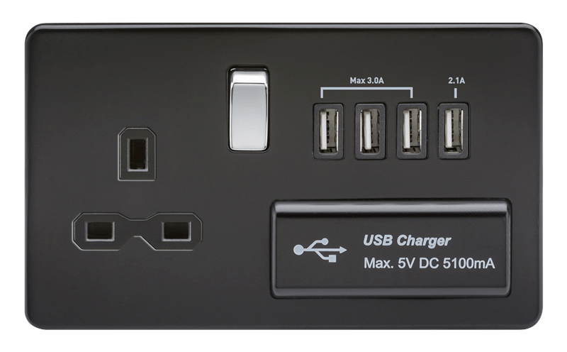 2G 13A Screwless 1G Matt Black Switched Socket with Quad 5V USB Charger Ports