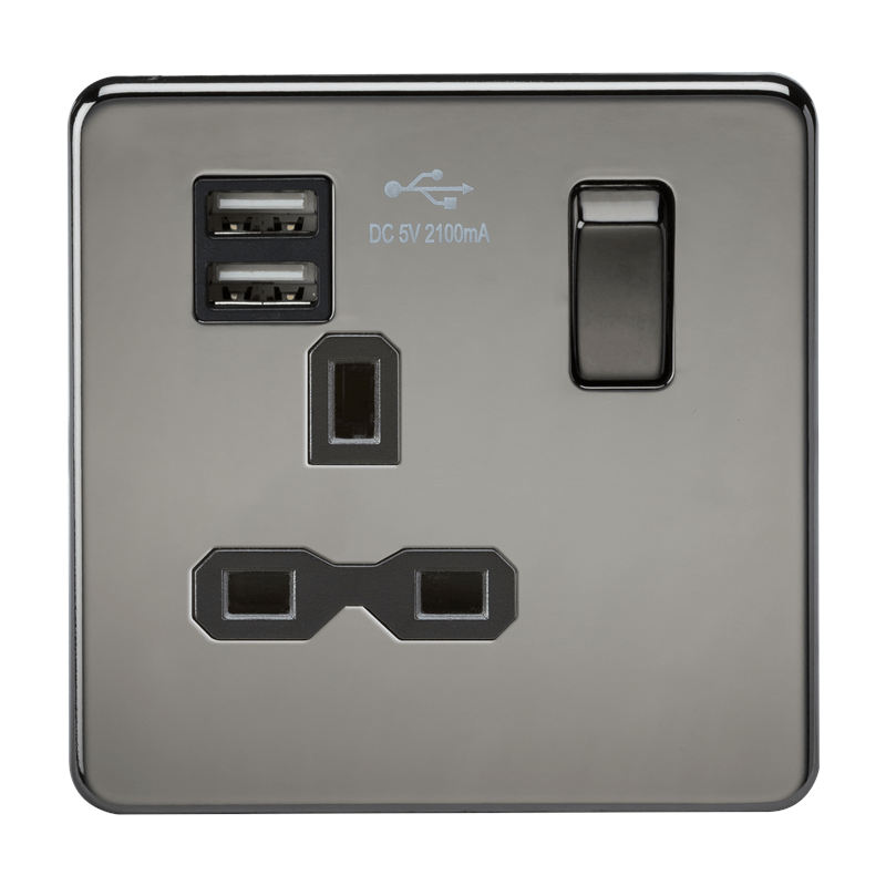 1G 13A Screwless Black Nickel 1G Switched Socket with Dual 5V USB Charger Ports - Black Insert