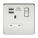 1G 13A Screwless Polished Chrome 1G Switched Socket with Dual 5V USB Charger Ports - White Insert