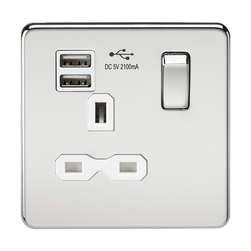 1G 13A Screwless Polished Chrome 1G Switched Socket with Dual 5V USB Charger Ports - White Insert