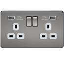 2G 13A Screwless Black Nickel 2G Switched Socket with Dual 5V USB Charger Ports - White Insert