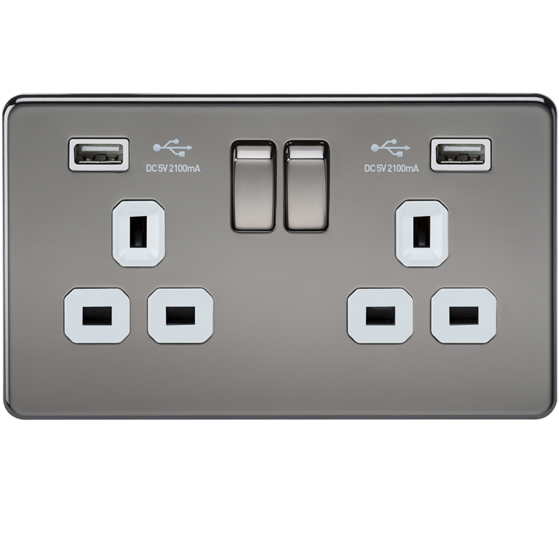 2G 13A Screwless Black Nickel 2G Switched Socket with Dual 5V USB Charger Ports - White Insert