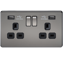 2G 13A Screwless Black Nickel 2G Switched Socket with Dual 5V USB Charger Ports - Black Insert