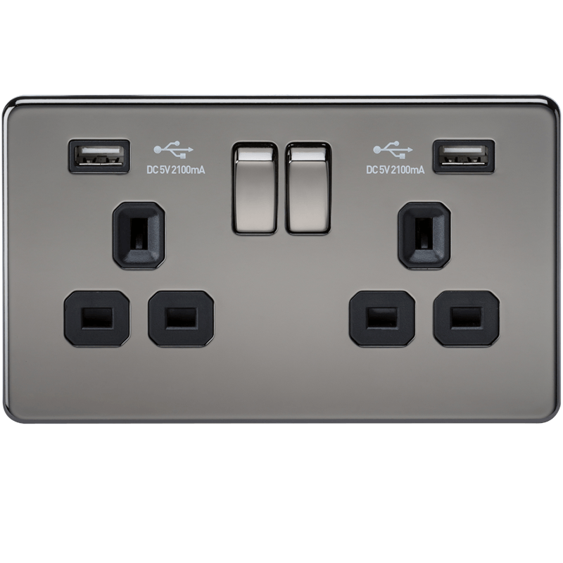 2G 13A Screwless Black Nickel 2G Switched Socket with Dual 5V USB Charger Ports - Black Insert