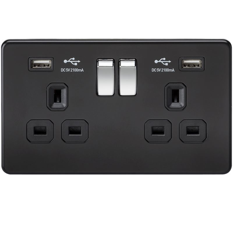2G 13A Matt Black 2G Switched Socket with Dual 5V USB Charger Ports