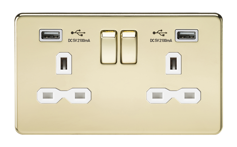 2G 13A Screwless Polished Brass 2G Switched Socket with Dual 5V USB Charger Ports - White Insert