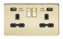 2G 13A Screwless Polished Brass 2G Switched Socket with Dual 5V USB Charger Ports - Black Insert