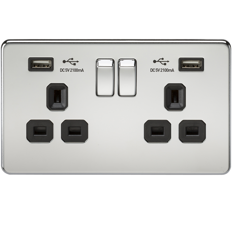 2G 13A Screwless Polished Chrome 2G Switched Socket with Dual 5V USB Charger Ports - Black Insert