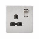 1G 13A Screwless Brushed Chrome 230V UK 3 Pin Switched Electrical Wall Socket - Black Insert