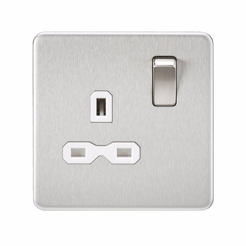 1G 13A Screwless Brushed Chrome 230V UK 3 Pin Switched Electrical Wall Socket - White Insert