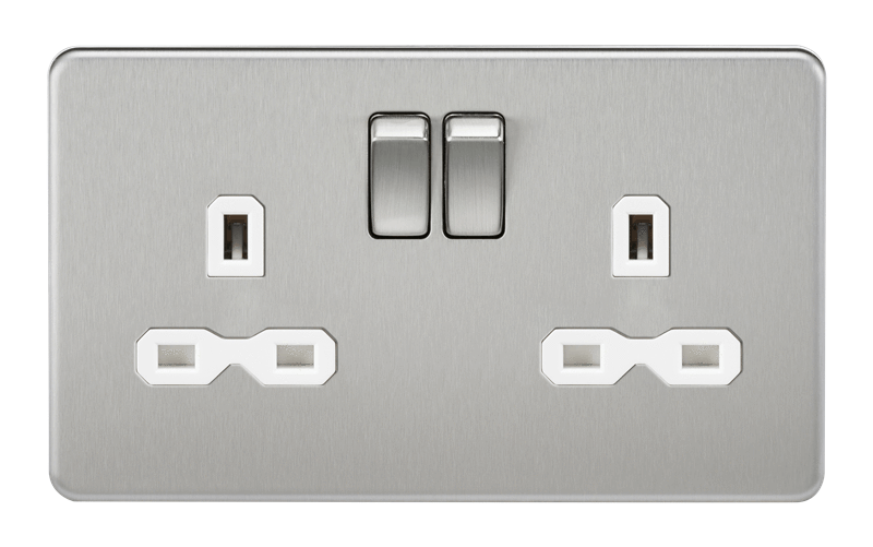 2G DP 13A Screwless Brushed Chrome 230V UK 3 Pin Switched Electric Wall Socket - White Insert