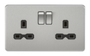 2G DP 13A Screwless Brushed Chrome 230V UK 3 Pin Switched Electric Wall Socket - Black Insert