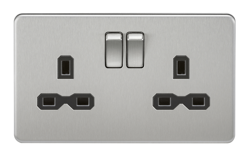 2G DP 13A Screwless Brushed Chrome 230V UK 3 Pin Switched Electric Wall Socket - Black Insert