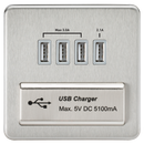 Knightsbridge Screwless Quad USB Charger Outlet (5.1A) - Brushed Chrome with Grey Insert