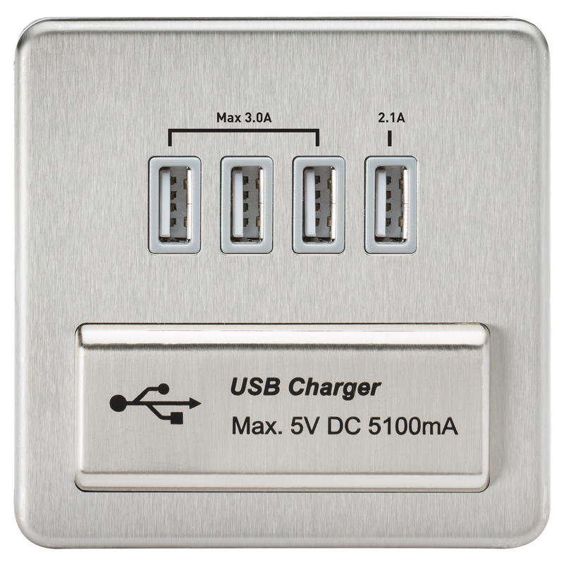 Knightsbridge Screwless Quad USB Charger Outlet (5.1A) - Brushed Chrome with Grey Insert