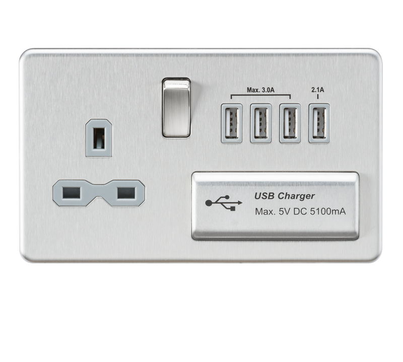 Knightsbridge Screwless 13A switched socket with quad USB charger (5.1A) - brushed chrome with grey insert