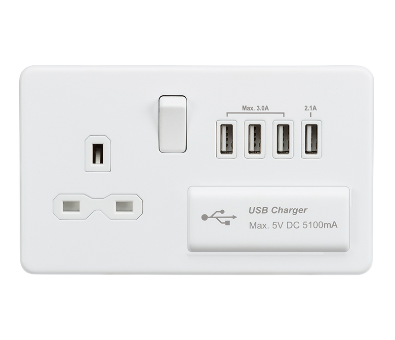 Knightsbridge Screwless 13A switched socket with quad USB charger (5.1A) - matt white