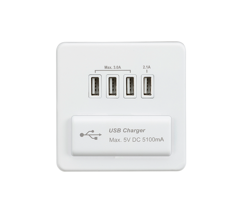 Knightsbridge Screwless Quad USB Charger Outlet (5.1A) - Matt White with White Insert