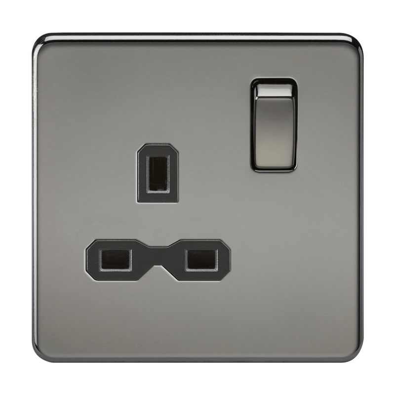 1G DP 13A Screwless Black Nickel 230V UK 3 Pin Switched Electrical Wall Socket - Black Insert