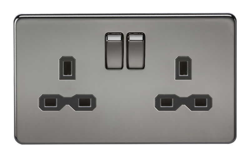 2G DP 13A Screwless Black Nickel 230V UK 3 Pin Switched Electric Wall Socket - Black Insert